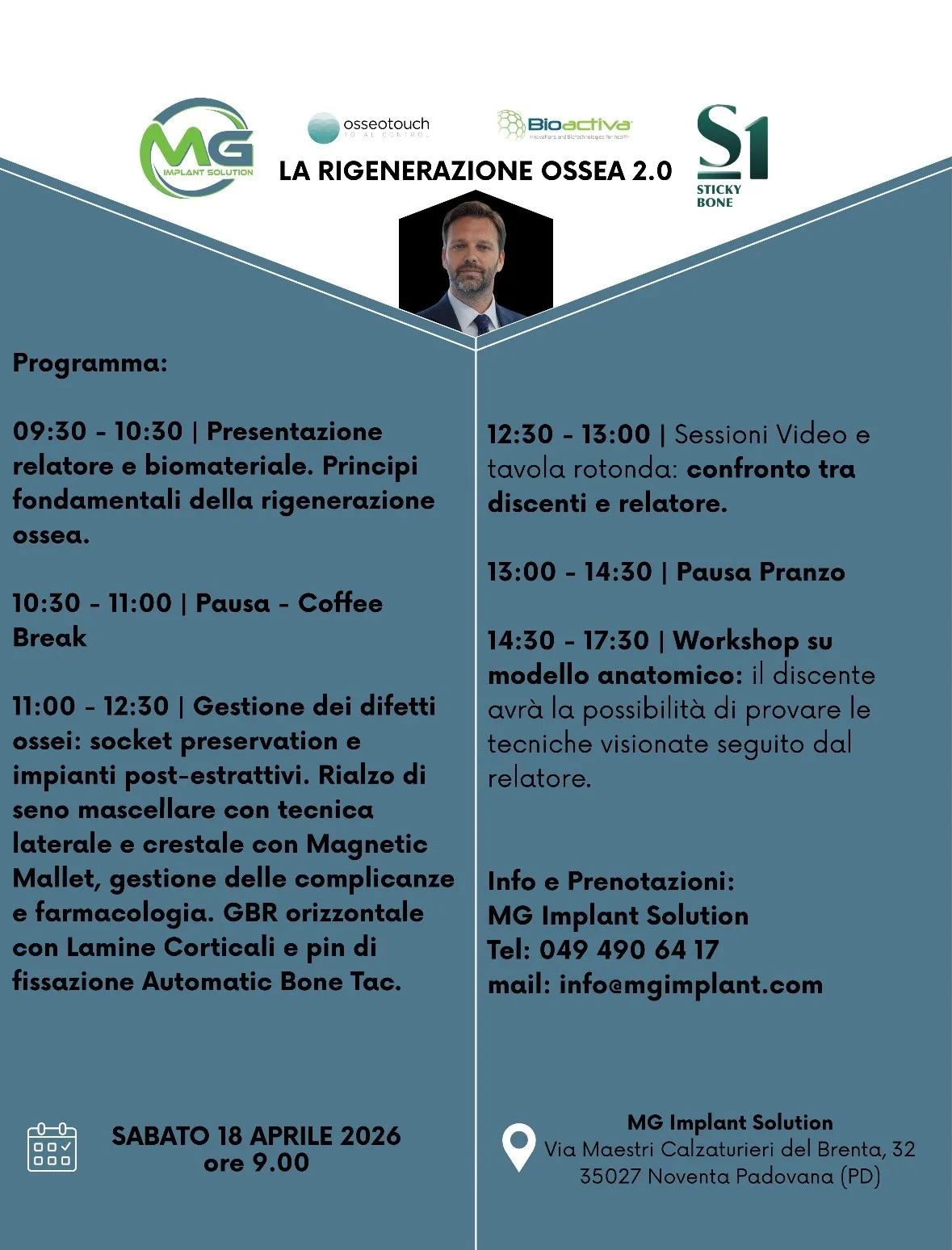 Locandina Rigenerazione Ossea 2.0 — Dr. De Paulis, MG Implant Solution, Noventa Padovana