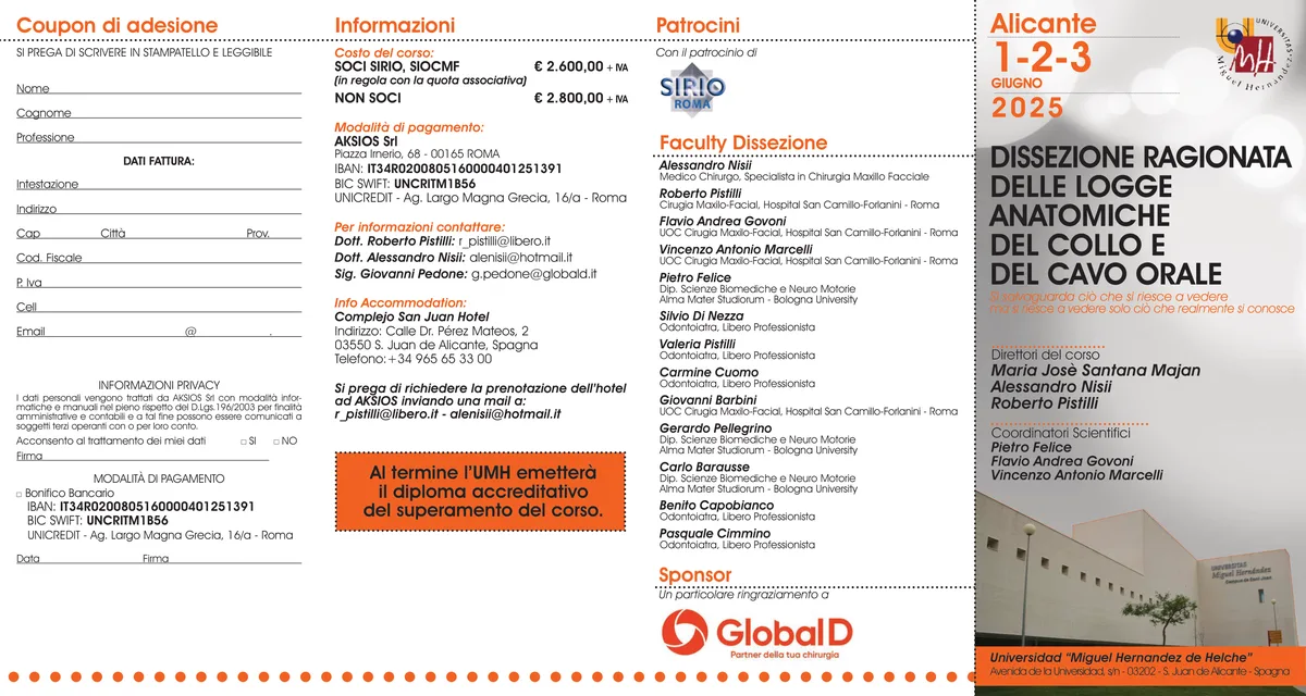 Locandina Corso Dissezione Ragionata Logge Anatomiche — Prof. Pistilli, 1-3 giugno 2026, Alicante