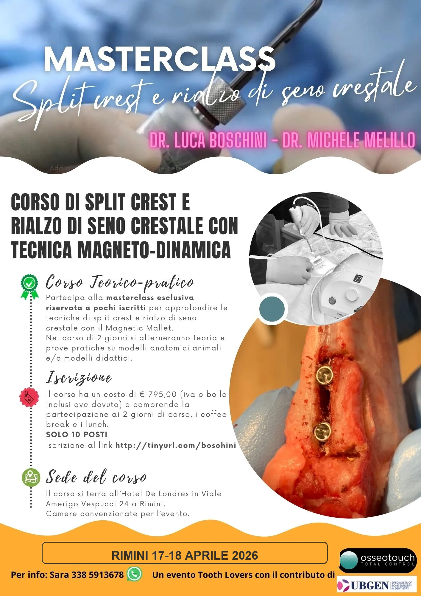 Locandina Masterclass Split Crest e Rialzo di Seno Crestale — Dr. Boschini e Dr. Melillo, Rimini