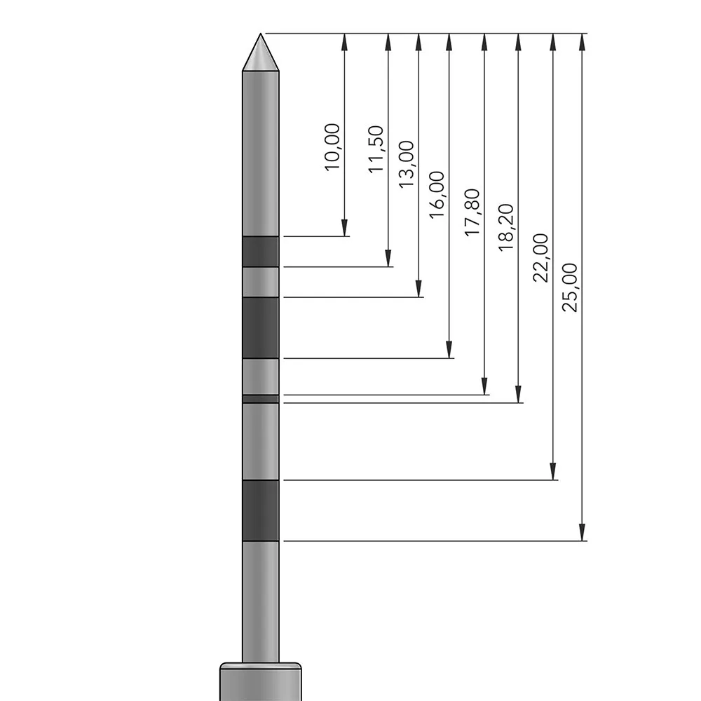 Osteotomo PT1 - disegno tecnico con quote dimensionali: 10.00, 11.50, 13.00, 16.00, 17.80, 18.20, 22.00, 25.00 mm