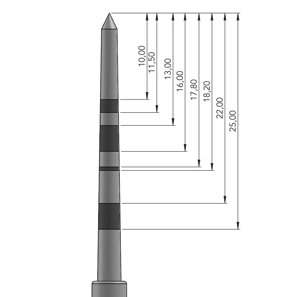 Osteotomo PT2 - disegno tecnico con quote dimensionali: 10.00, 11.50, 13.00, 16.00, 17.80, 18.20, 22.00, 25.00 mm